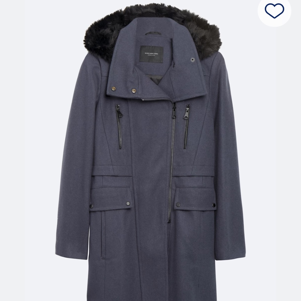Marc New York - Andrew Marc - Biskra Wool Blend Coat faux fur trim - Blue Size 8